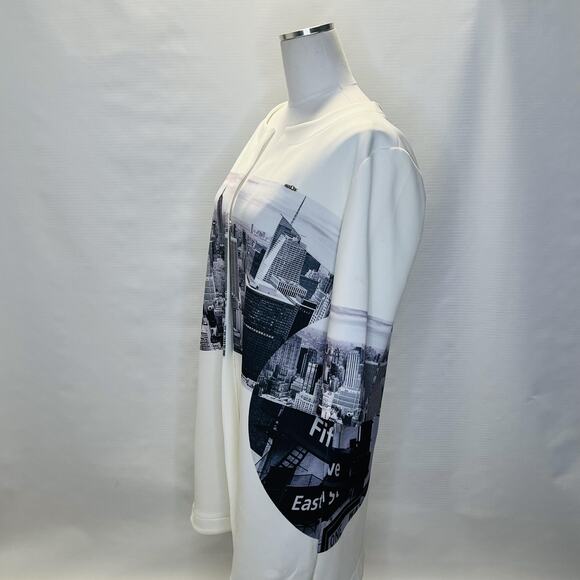 Deca Jacket Womens Large White Black Cityscape Print Graphic Tunic Urban Skyline - Picture 2 of 10